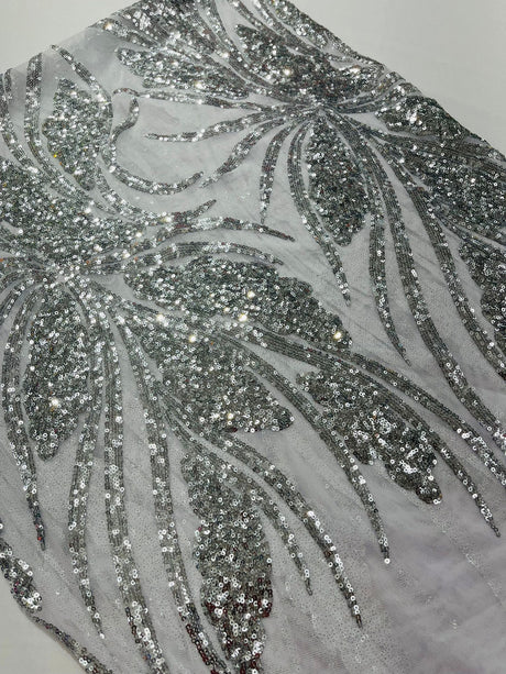 Feather Damask Shiny Sequin Design 4-Way Stretch Mesh Fabric - Damask Pattern, 54" Width (1 Yard)