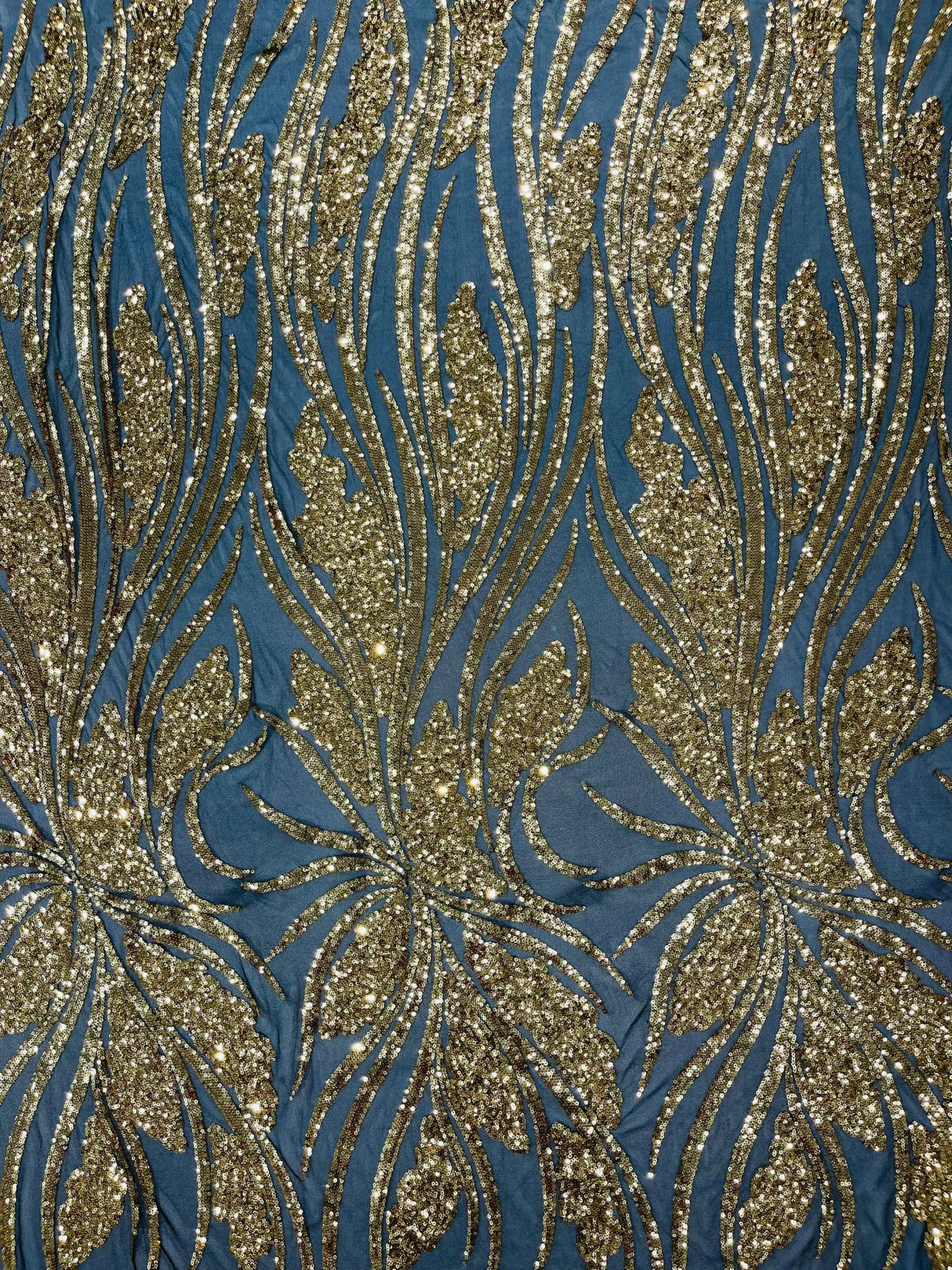 Feather Damask Shiny Sequin Design 4-Way Stretch Mesh Fabric - Damask Pattern, 54" Width (1 Yard)