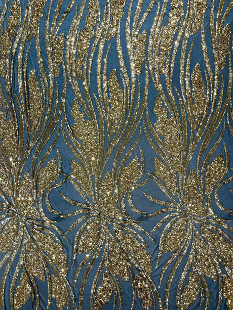 Feather Damask Shiny Sequin Design 4-Way Stretch Mesh Fabric - Damask Pattern, 54" Width (1 Yard)