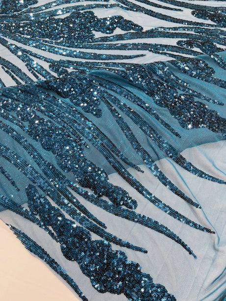 Feather Damask Shiny Sequin Design 4-Way Stretch Mesh Fabric - Damask Pattern, 54" Width (1 Yard)