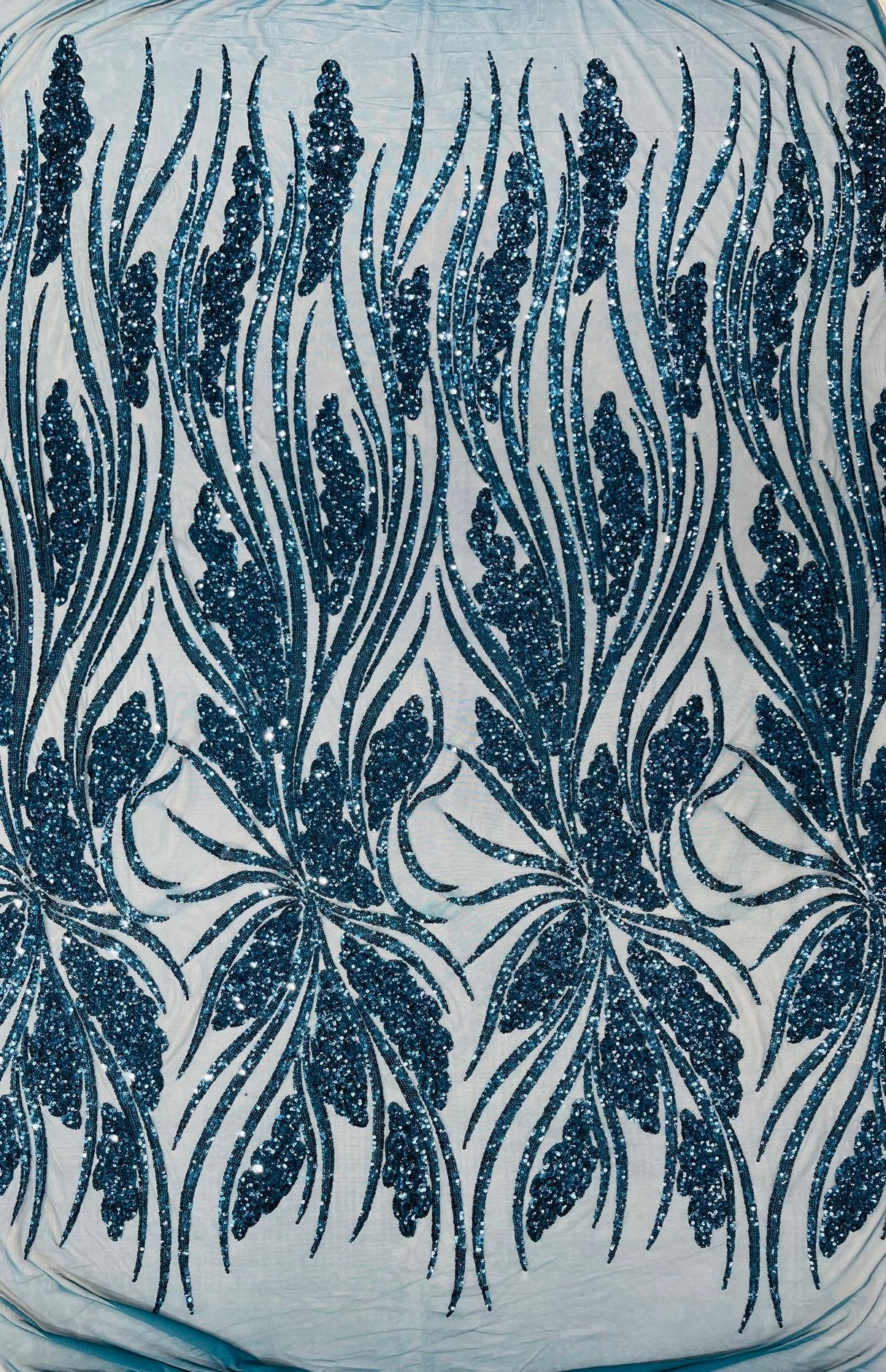 Feather Damask Shiny Sequin Design 4-Way Stretch Mesh Fabric - Damask Pattern, 54" Width (1 Yard)