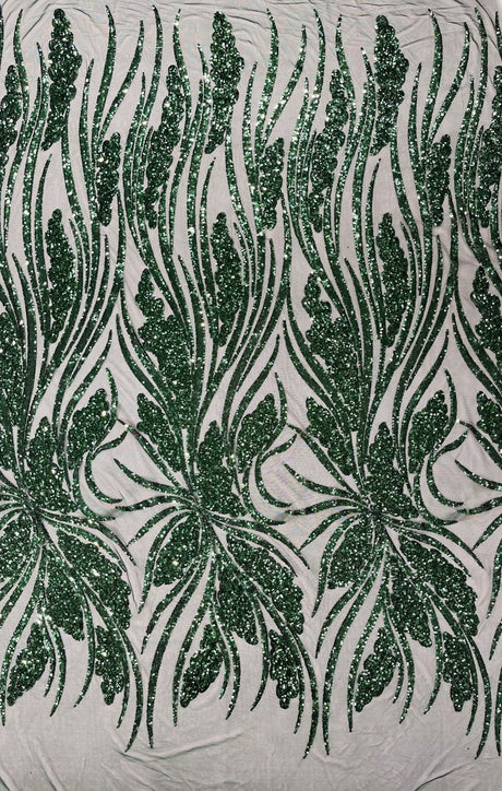 Feather Damask Shiny Sequin Design 4-Way Stretch Mesh Fabric - Damask Pattern, 54" Width (1 Yard)