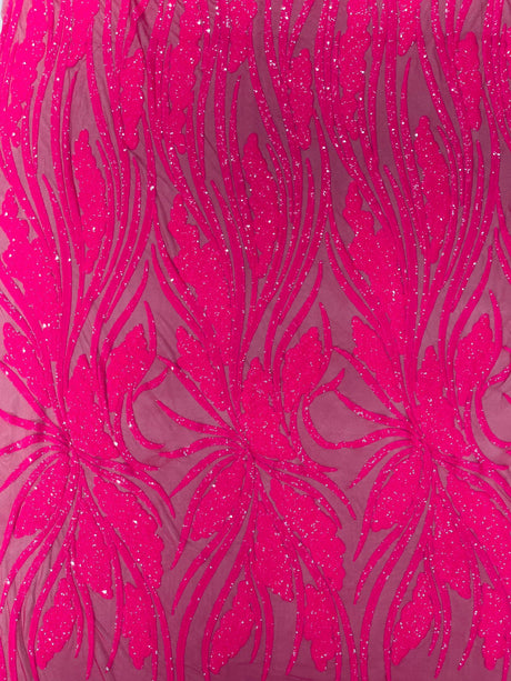 Feather Damask Shiny Sequin Design 4-Way Stretch Mesh Fabric - Damask Pattern, 54" Width (1 Yard)
