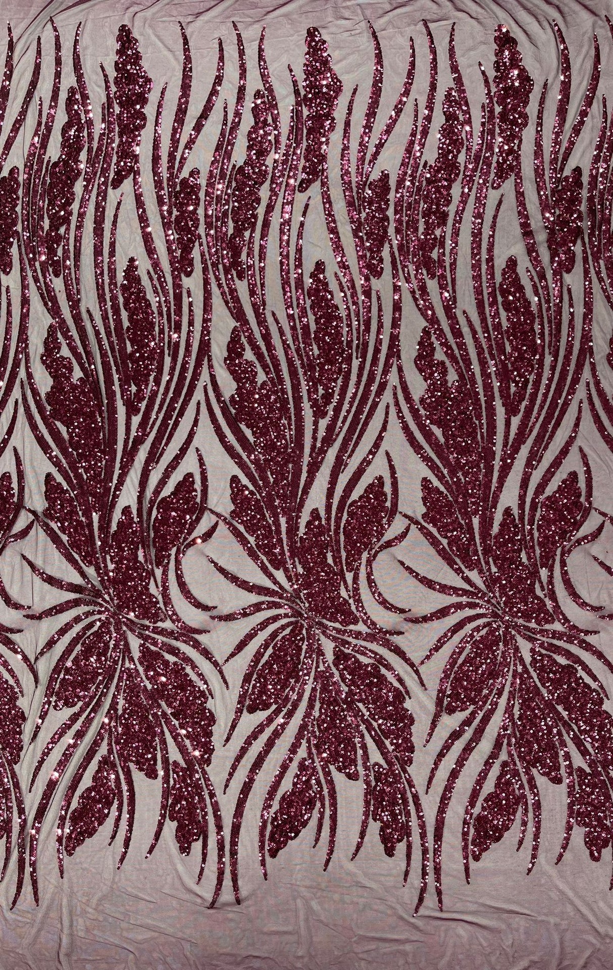 Feather Damask Shiny Sequin Design 4-Way Stretch Mesh Fabric - Damask Pattern, 54" Width (1 Yard)