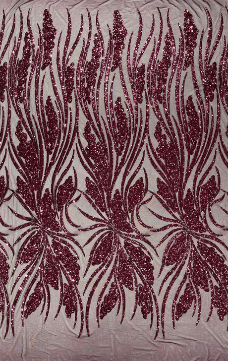 Feather Damask Shiny Sequin Design 4-Way Stretch Mesh Fabric - Damask Pattern, 54" Width (1 Yard)