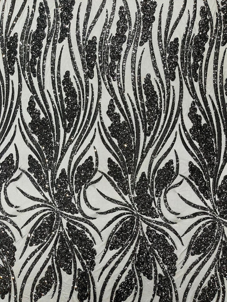 Feather Damask Shiny Sequin Design 4-Way Stretch Mesh Fabric - Damask Pattern, 54" Width (1 Yard)
