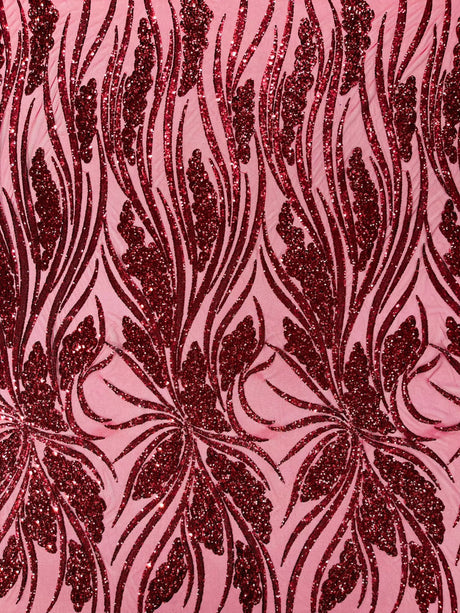 Feather Damask Shiny Sequin Design 4-Way Stretch Mesh Fabric - Damask Pattern, 54" Width (1 Yard)