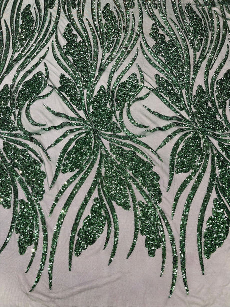 Feather Damask Shiny Sequin Design 4-Way Stretch Mesh Fabric - Damask Pattern, 54" Width (1 Yard)