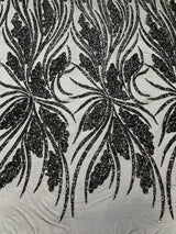 Feather Damask Shiny Sequin Design 4-Way Stretch Mesh Fabric - Damask Pattern, 54" Width (1 Yard)