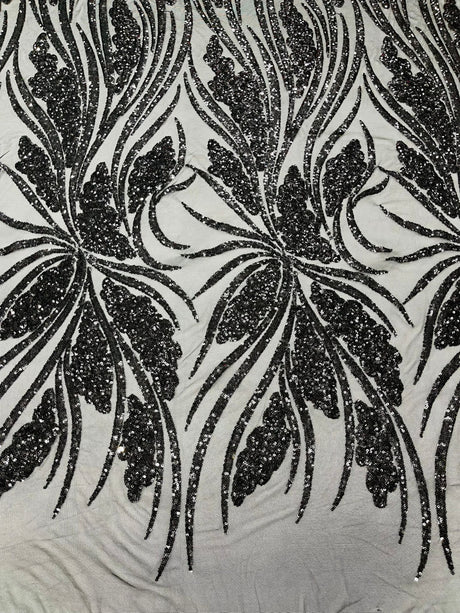 Feather Damask Shiny Sequin Design 4-Way Stretch Mesh Fabric - Damask Pattern, 54" Width (1 Yard)