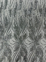Feather Damask Shiny Sequin Design 4-Way Stretch Mesh Fabric - Damask Pattern, 54" Width (1 Yard)