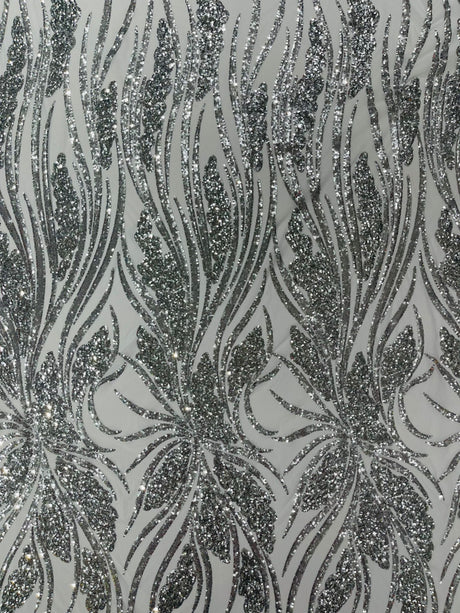 Feather Damask Shiny Sequin Design 4-Way Stretch Mesh Fabric - Damask Pattern, 54" Width (1 Yard)