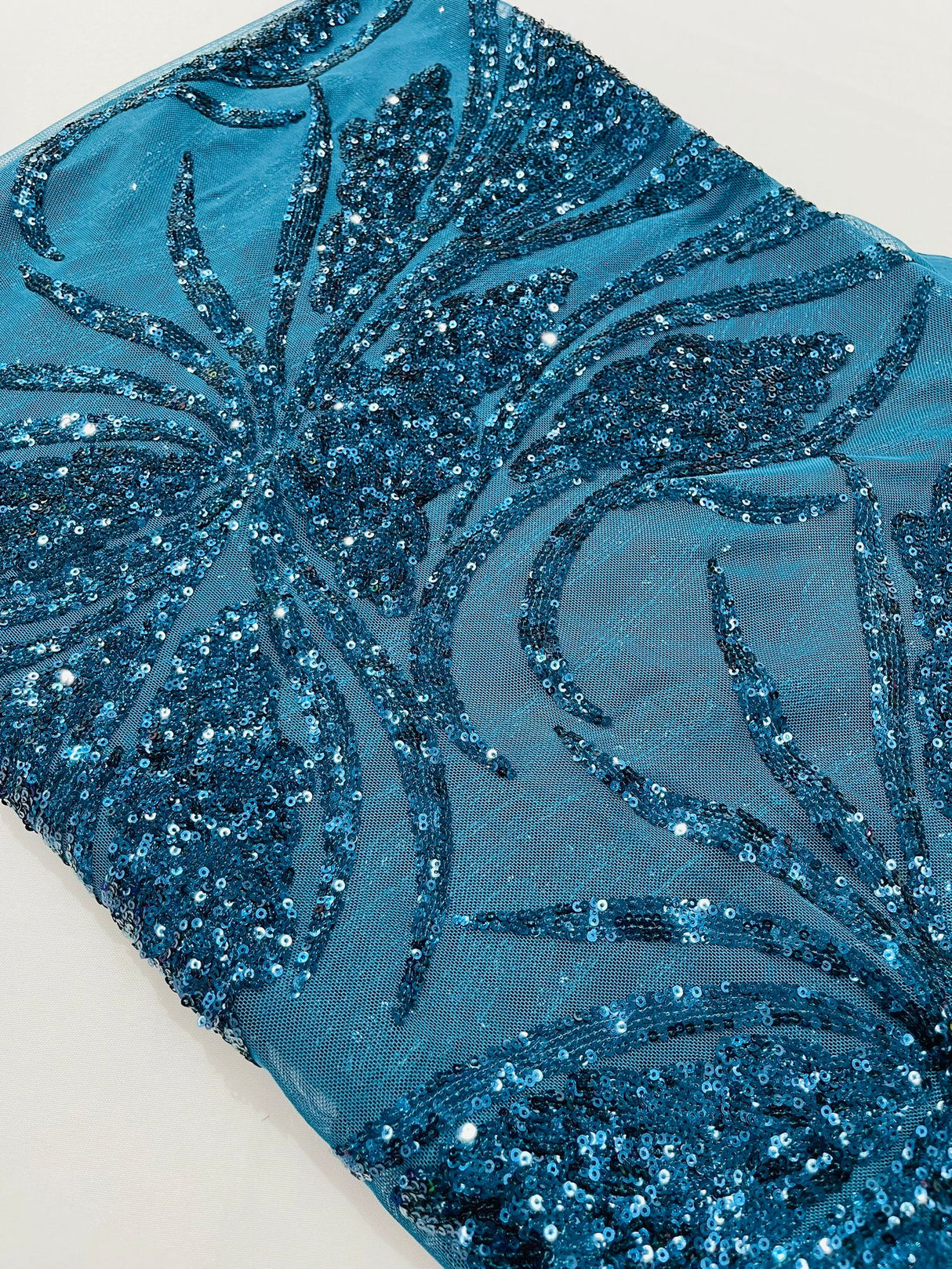Feather Damask Shiny Sequin Design 4-Way Stretch Mesh Fabric - Damask Pattern, 54" Width (1 Yard)