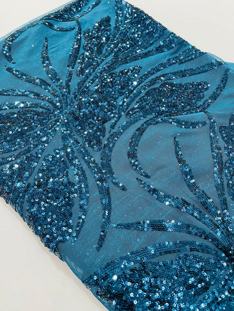 Feather Damask Shiny Sequin Design 4-Way Stretch Mesh Fabric - Damask Pattern, 54" Width (1 Yard)