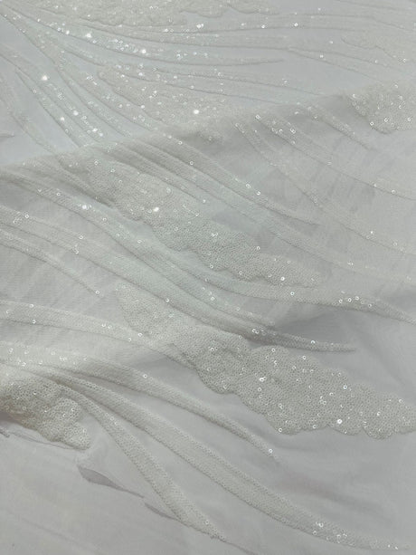 Feather Damask Shiny Sequin Design 4-Way Stretch Mesh Fabric - Damask Pattern, 54" Width (1 Yard)
