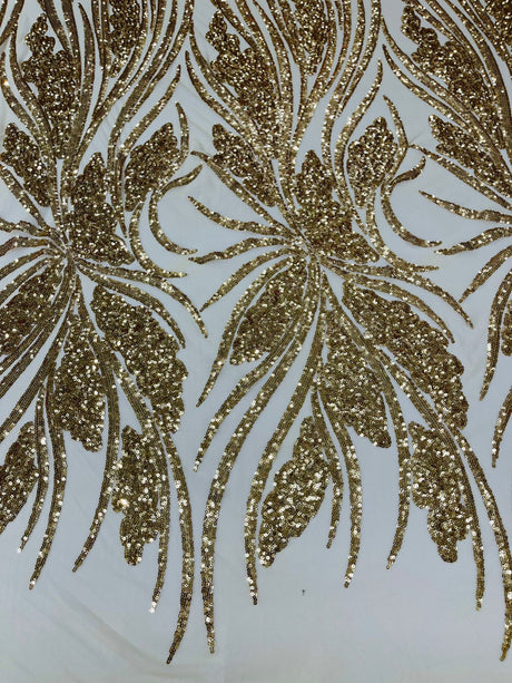 Feather Damask Shiny Sequin Design 4-Way Stretch Mesh Fabric - Damask Pattern, 54" Width (1 Yard)