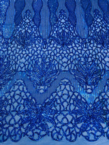 Feather Damask Sequin Design 4 Way Stretch Mesh Fabric - Floral Damask, Iridescent Sequins, 4 Way Stretch, 1 Yard