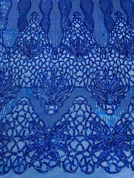 Feather Damask Sequin Design 4 Way Stretch Mesh Fabric - Floral Damask, Iridescent Sequins, 4 Way Stretch, 1 Yard