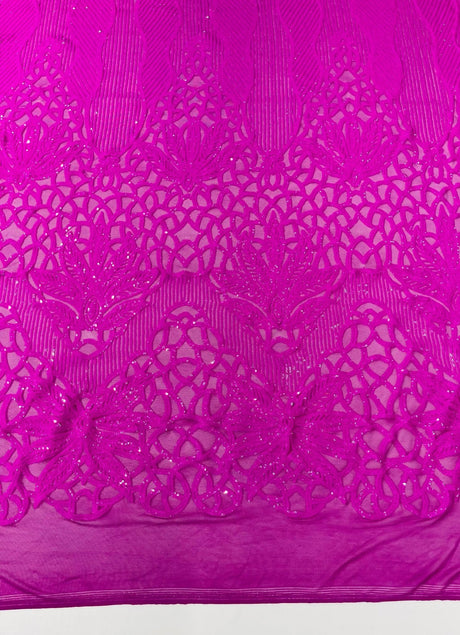 Feather Damask Sequin Design 4 Way Stretch Mesh Fabric - Floral Damask, Iridescent Sequins, 4 Way Stretch, 1 Yard