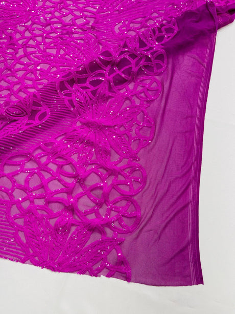 Feather Damask Sequin Design 4 Way Stretch Mesh Fabric - Floral Damask, Iridescent Sequins, 4 Way Stretch, 1 Yard