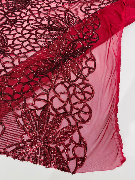 Feather Damask Sequin Design 4 Way Stretch Mesh Fabric - Floral Damask, Iridescent Sequins, 4 Way Stretch, 1 Yard