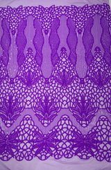 Feather Damask Sequin Design 4 Way Stretch Mesh Fabric - Floral Damask, Iridescent Sequins, 4 Way Stretch, 1 Yard