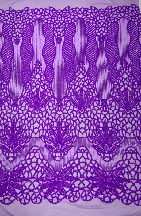 Feather Damask Sequin Design 4 Way Stretch Mesh Fabric - Floral Damask, Iridescent Sequins, 4 Way Stretch, 1 Yard