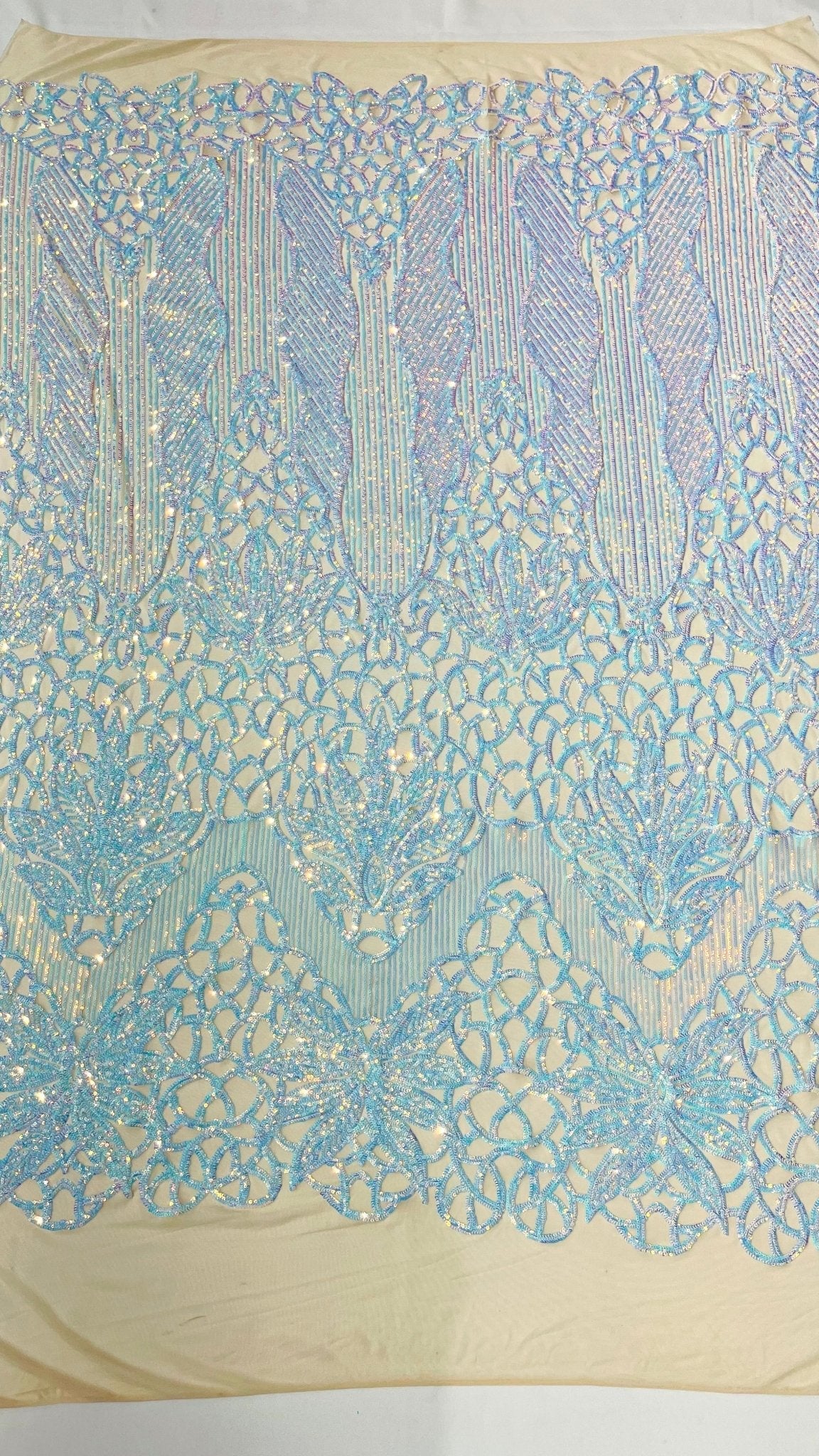 Feather Damask Sequin Design 4 Way Stretch Mesh Fabric - Floral Damask, Iridescent Sequins, 4 Way Stretch, 1 Yard