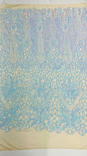 Feather Damask Sequin Design 4 Way Stretch Mesh Fabric - Floral Damask, Iridescent Sequins, 4 Way Stretch, 1 Yard