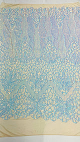 Feather Damask Sequin Design 4 Way Stretch Mesh Fabric - Floral Damask, Iridescent Sequins, 4 Way Stretch, 1 Yard
