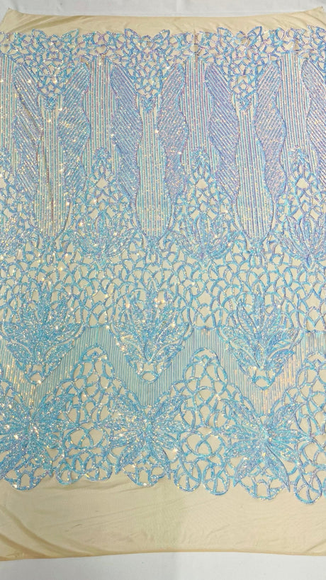 Feather Damask Sequin Design 4 Way Stretch Mesh Fabric - Floral Damask, Iridescent Sequins, 4 Way Stretch, 1 Yard