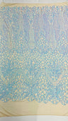 Feather Damask Sequin Design 4 Way Stretch Mesh Fabric - Floral Damask, Iridescent Sequins, 4 Way Stretch, 1 Yard
