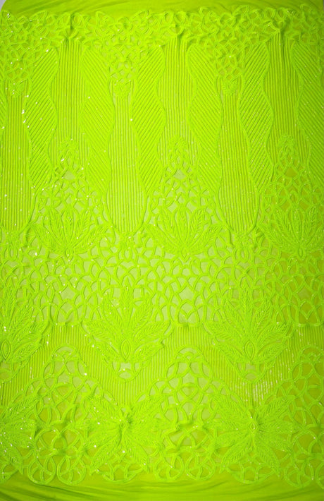 Feather Damask Sequin Design 4 Way Stretch Mesh Fabric - Floral Damask, Iridescent Sequins, 4 Way Stretch, 1 Yard