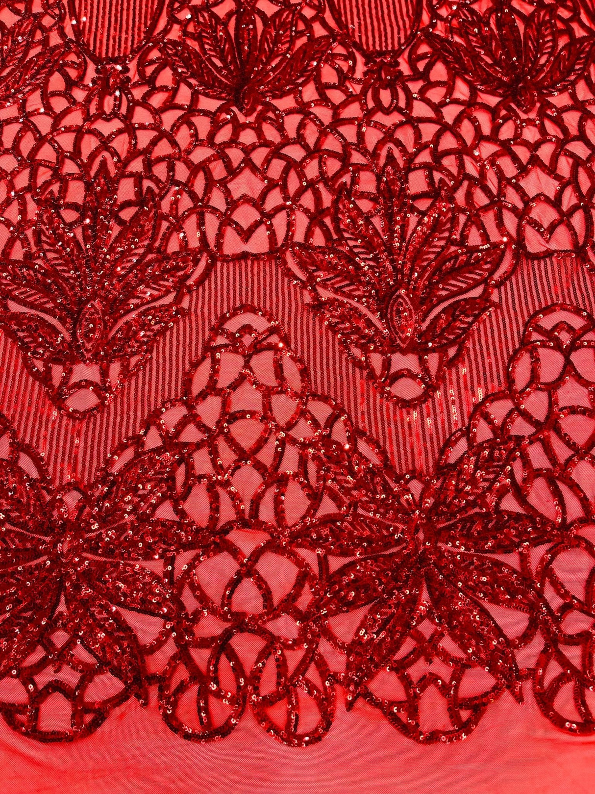 Feather Damask Sequin Design 4 Way Stretch Mesh Fabric - Floral Damask, Iridescent Sequins, 4 Way Stretch, 1 Yard
