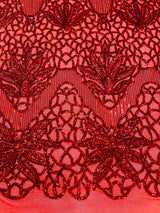 Feather Damask Sequin Design 4 Way Stretch Mesh Fabric - Floral Damask, Iridescent Sequins, 4 Way Stretch, 1 Yard