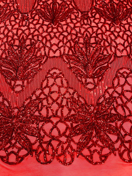 Feather Damask Sequin Design 4 Way Stretch Mesh Fabric - Floral Damask, Iridescent Sequins, 4 Way Stretch, 1 Yard