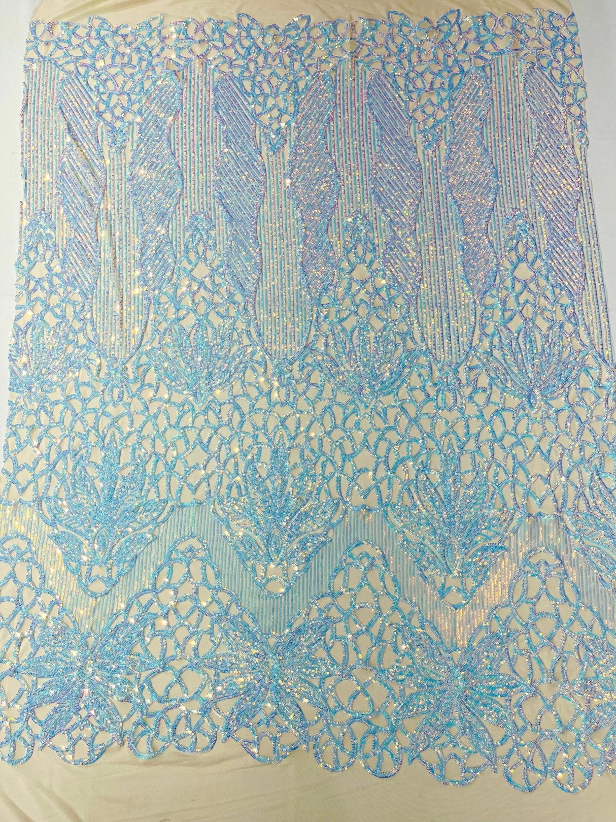 Feather Damask Sequin Design 4 Way Stretch Mesh Fabric - Floral Damask, Iridescent Sequins, 4 Way Stretch, 1 Yard
