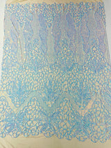 Feather Damask Sequin Design 4 Way Stretch Mesh Fabric - Floral Damask, Iridescent Sequins, 4 Way Stretch, 1 Yard