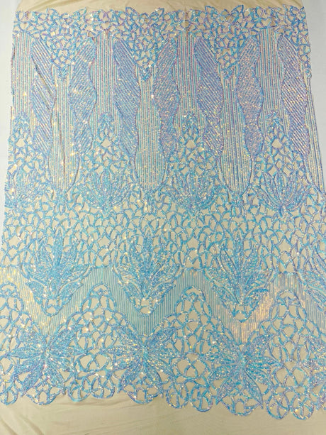 Feather Damask Sequin Design 4 Way Stretch Mesh Fabric - Floral Damask, Iridescent Sequins, 4 Way Stretch, 1 Yard