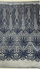 Feather Damask Sequin Design 4 Way Stretch Mesh Fabric - Floral Damask, Iridescent Sequins, 4 Way Stretch, 1 Yard