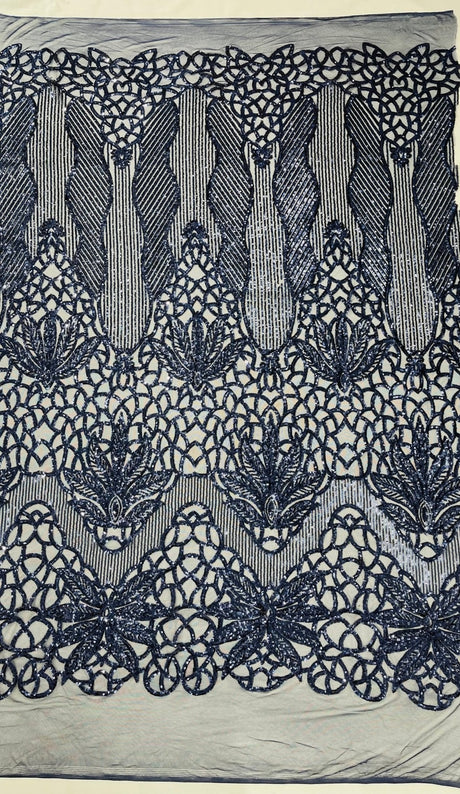 Feather Damask Sequin Design 4 Way Stretch Mesh Fabric - Floral Damask, Iridescent Sequins, 4 Way Stretch, 1 Yard
