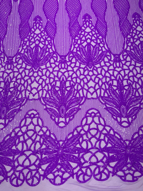 Feather Damask Sequin Design 4 Way Stretch Mesh Fabric - Floral Damask, Iridescent Sequins, 4 Way Stretch, 1 Yard