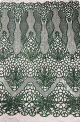 Feather Damask Sequin Design 4 Way Stretch Mesh Fabric - Floral Damask, Iridescent Sequins, 4 Way Stretch, 1 Yard