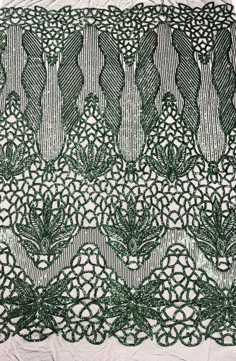 Feather Damask Sequin Design 4 Way Stretch Mesh Fabric - Floral Damask, Iridescent Sequins, 4 Way Stretch, 1 Yard