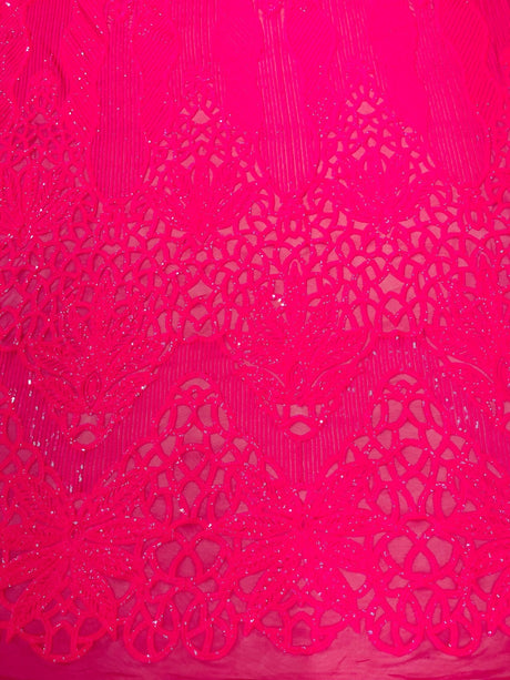 Feather Damask Sequin Design 4 Way Stretch Mesh Fabric - Floral Damask, Iridescent Sequins, 4 Way Stretch, 1 Yard