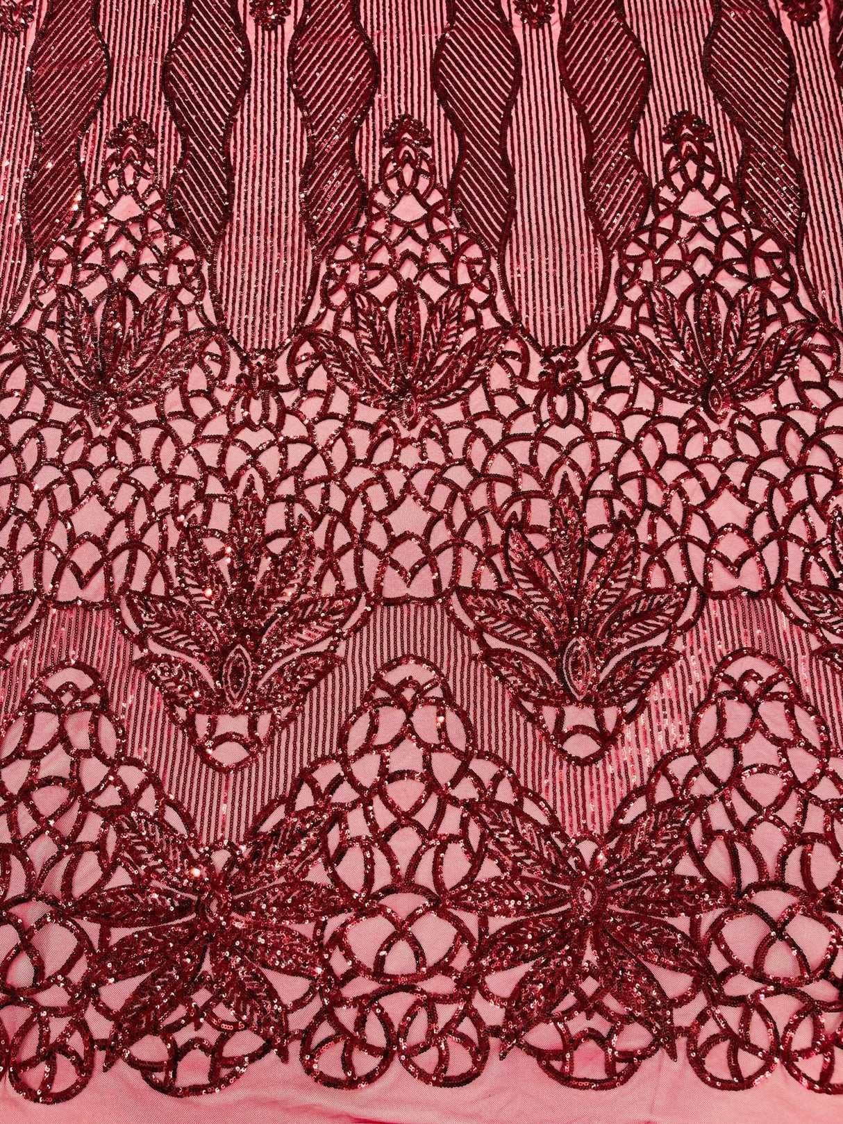 Feather Damask Sequin Design 4 Way Stretch Mesh Fabric - Floral Damask, Iridescent Sequins, 4 Way Stretch, 1 Yard