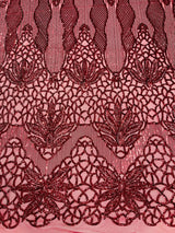 Feather Damask Sequin Design 4 Way Stretch Mesh Fabric - Floral Damask, Iridescent Sequins, 4 Way Stretch, 1 Yard