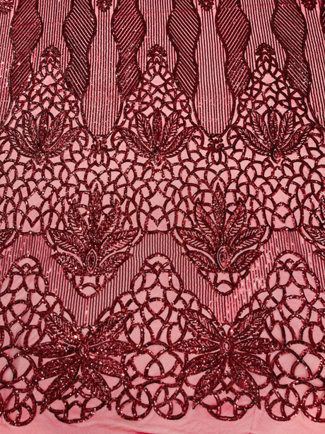 Feather Damask Sequin Design 4 Way Stretch Mesh Fabric - Floral Damask, Iridescent Sequins, 4 Way Stretch, 1 Yard
