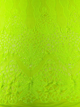 Feather Damask Sequin Design 4 Way Stretch Mesh Fabric - Floral Damask, Iridescent Sequins, 4 Way Stretch, 1 Yard