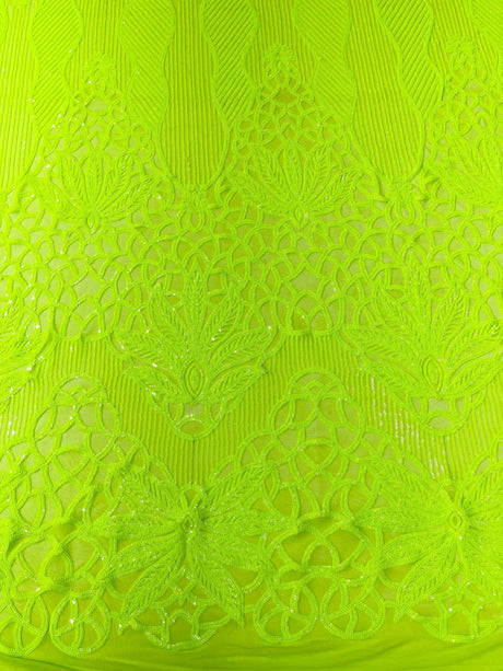 Feather Damask Sequin Design 4 Way Stretch Mesh Fabric - Floral Damask, Iridescent Sequins, 4 Way Stretch, 1 Yard